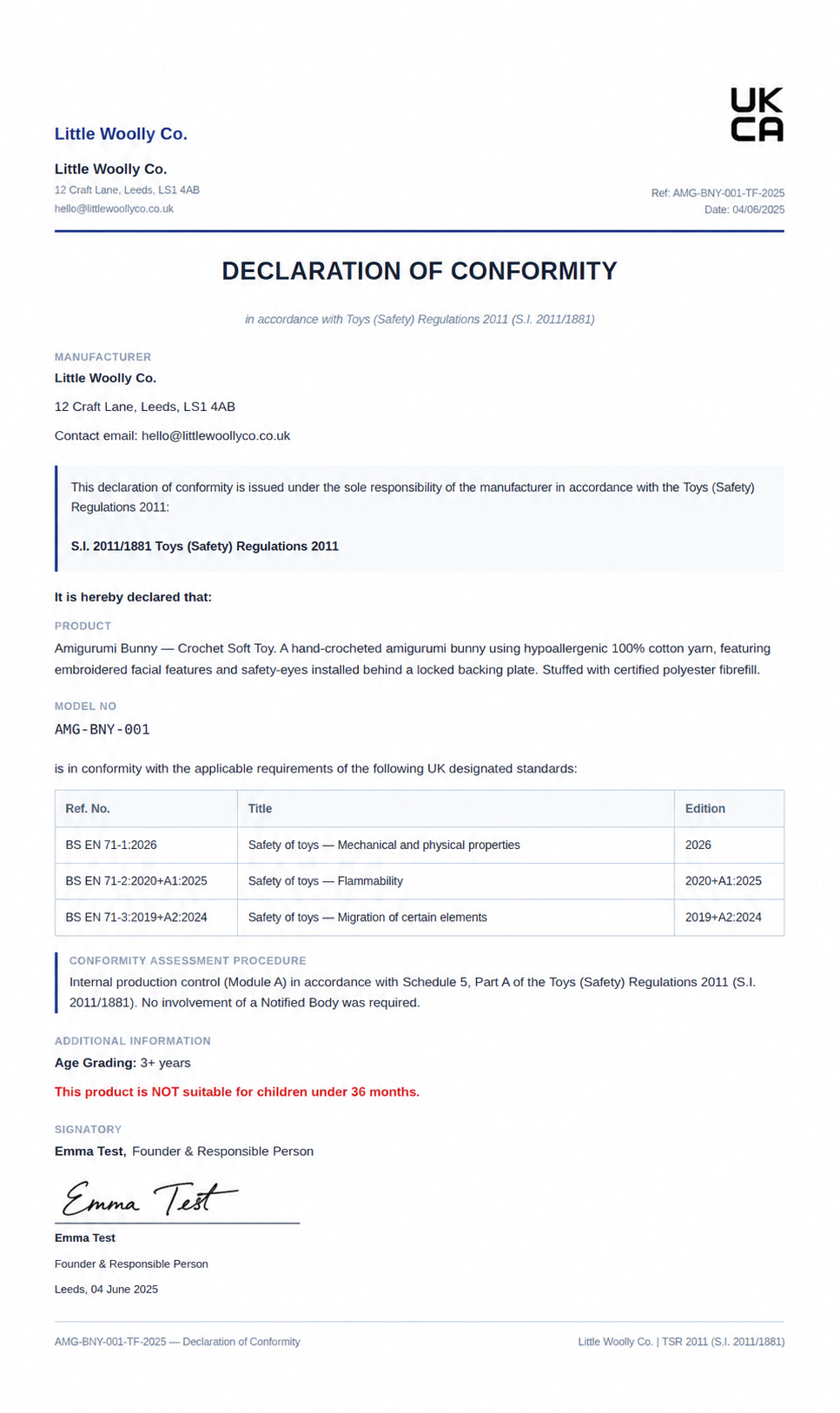 Example Declaration of Conformity document