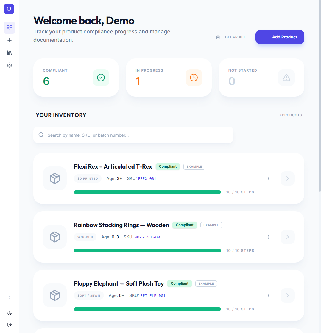 Dashboard showing compliant products across multiple toy types