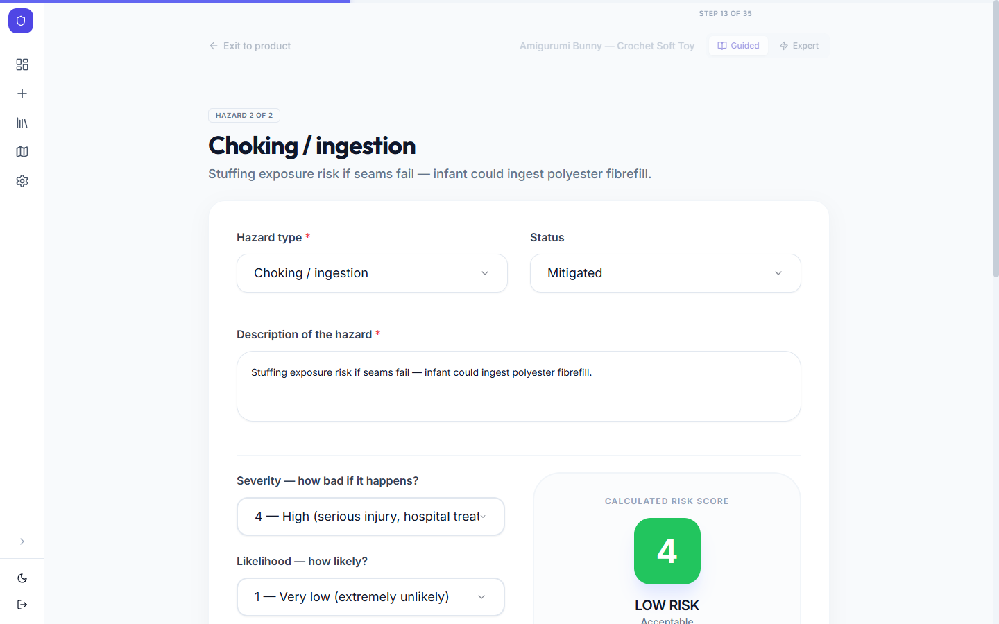 Guided wizard showing a safety test step with equipment list and instructions
