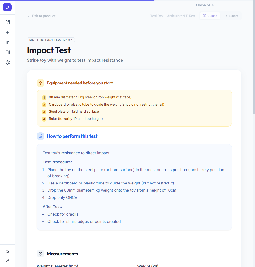 EN71 safety test step showing equipment list and step-by-step test procedure
