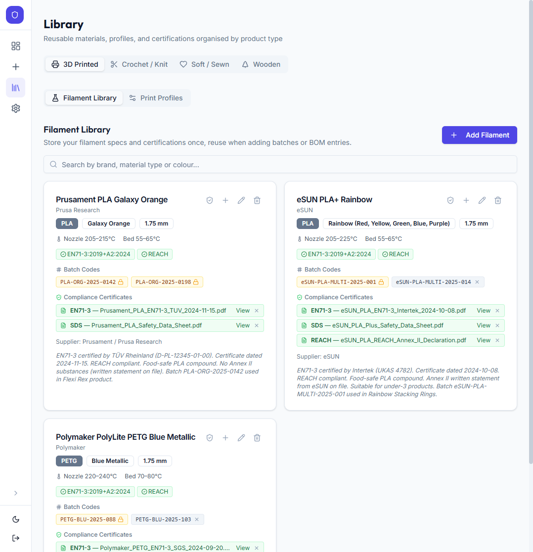 Material library showing filaments with EN71-3 certificates and batch codes